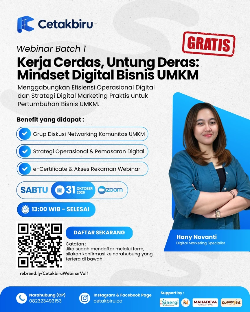 Poster webinar gratis Kerja Cerdas, Untung Deras bersama Hany Novanti, 31 Oktober 2026 pukul 13.00 WIB melalui Zoom